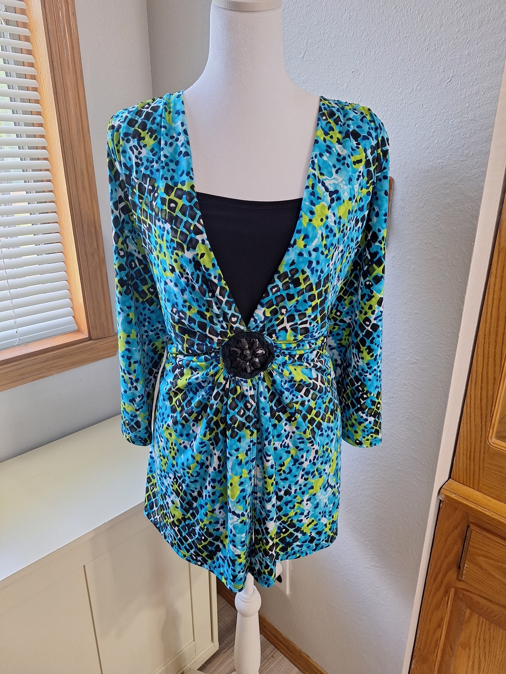 Y2K Notations Blue Multi-Print Wrap Tunic with Decorative Buckle